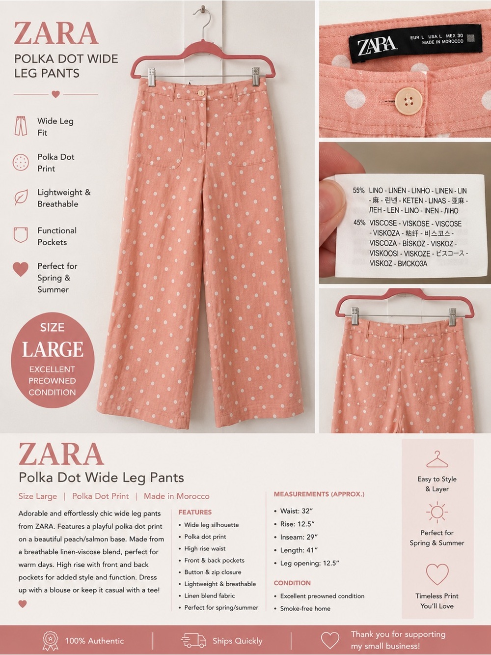 Zara Salmon Pink Polka Dot Wide Leg Pants